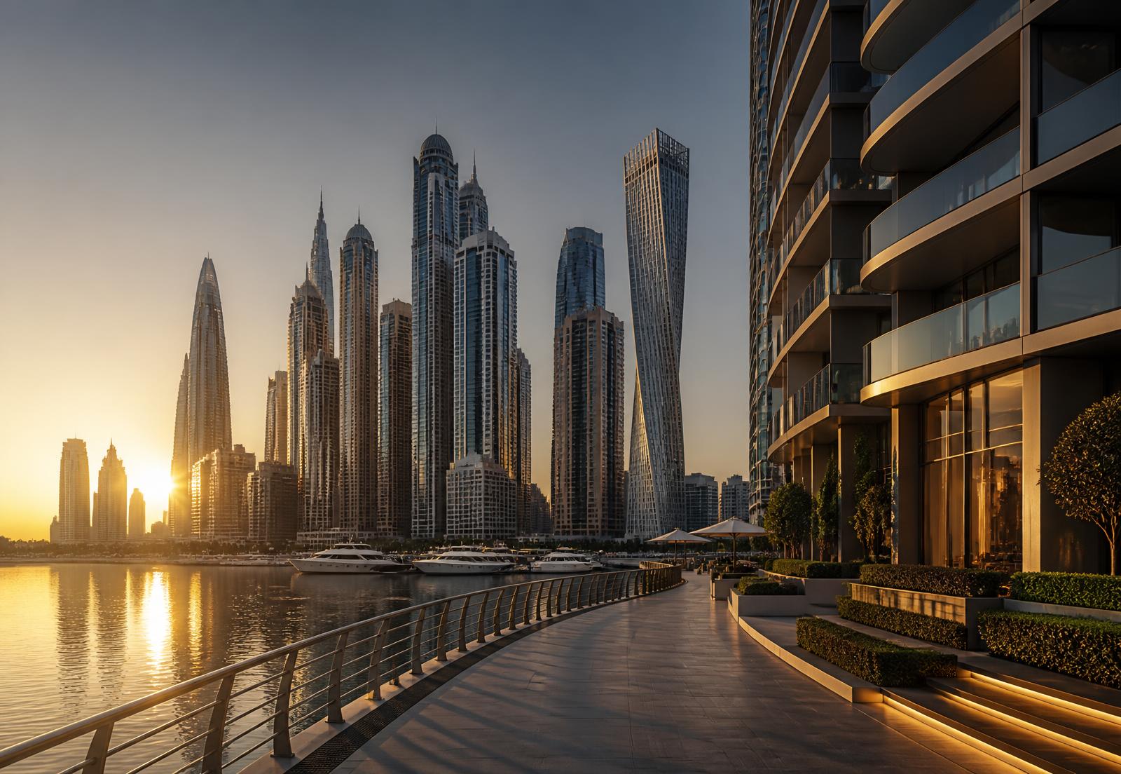 Luxury Dubai Marina waterfront towers at golden hour