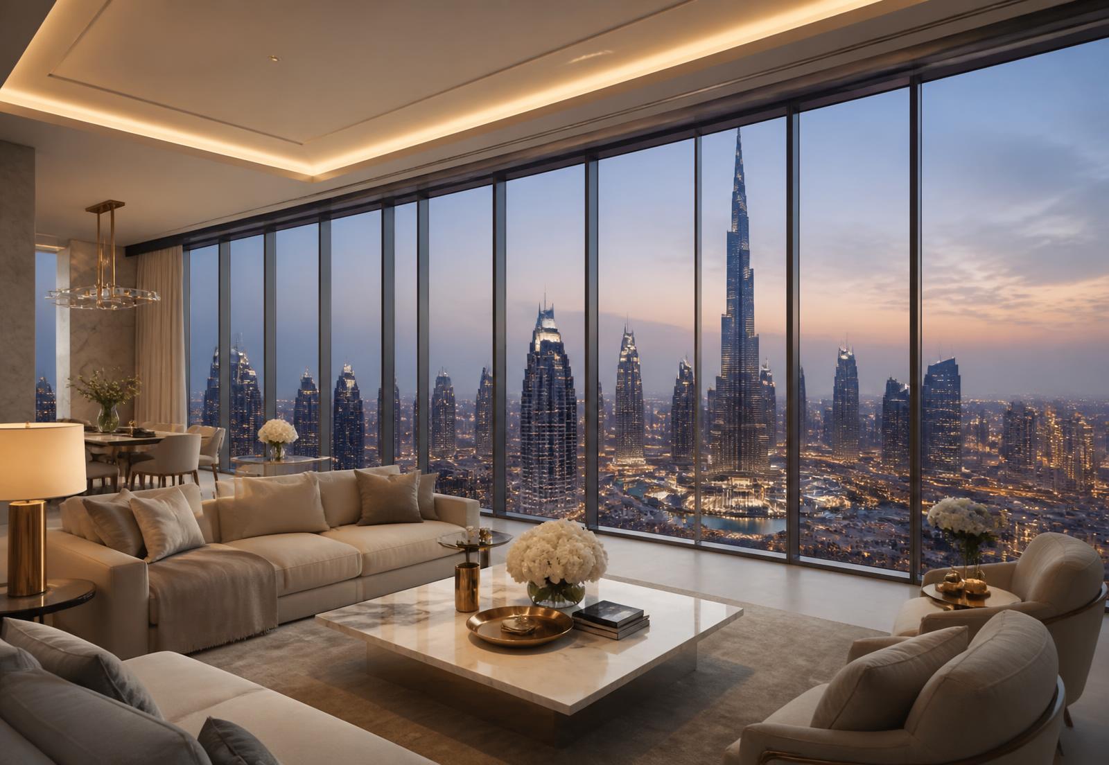 Luxury Dubai penthouse interior overlooking Downtown Dubai