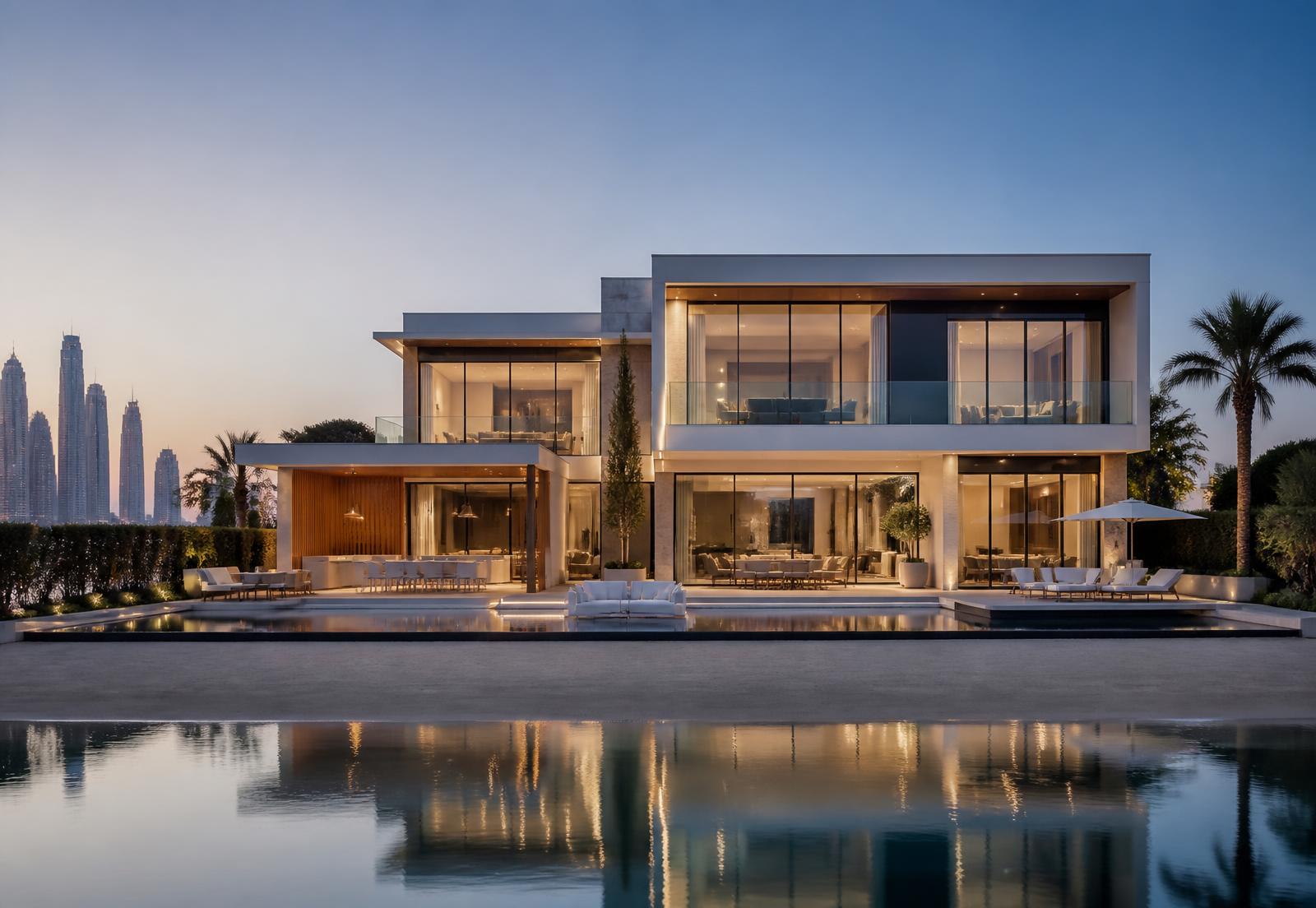 Luxury Dubai waterfront villa at blue hour