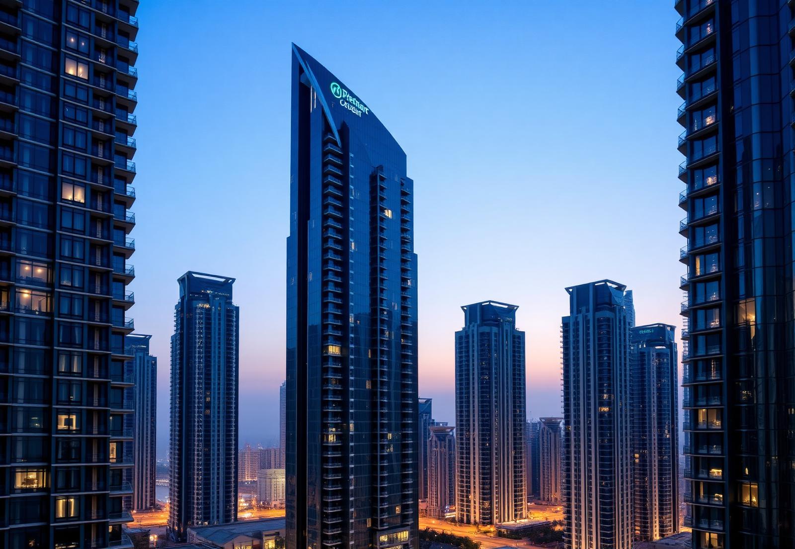 Luxury Dubai residential towers at blue hour