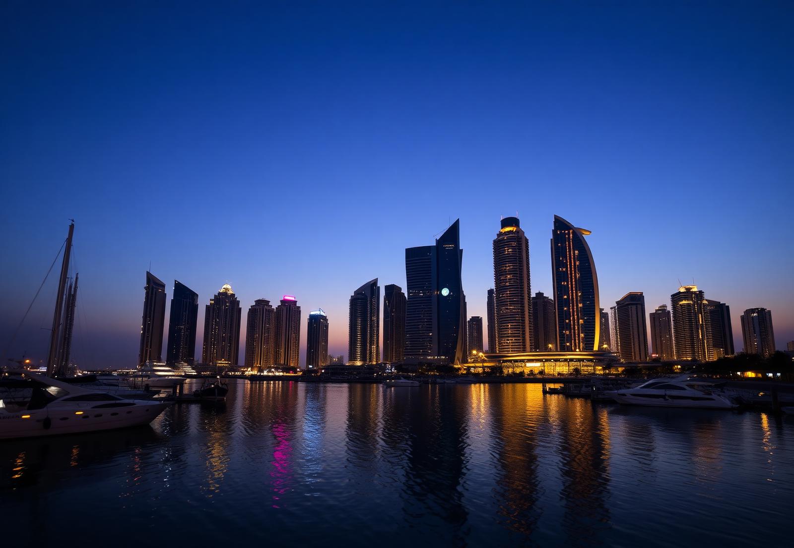 Dubai waterfront luxury property skyline at dusk